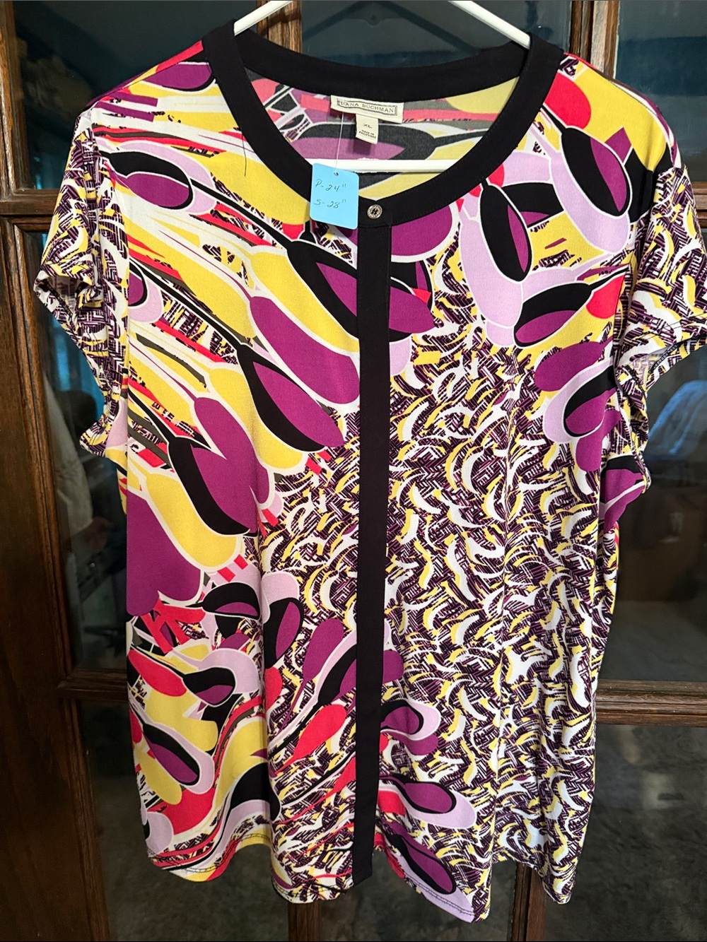 Dana Buchman XL Womens Abstract Floral Short Sleeve Top Multi-Color Mod Retro